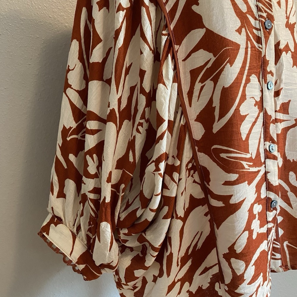 Entro Floral 3/4 Balloon Sleeve Button Down Blouse Rust Ivory Small Boutique - Picture 6 of 12